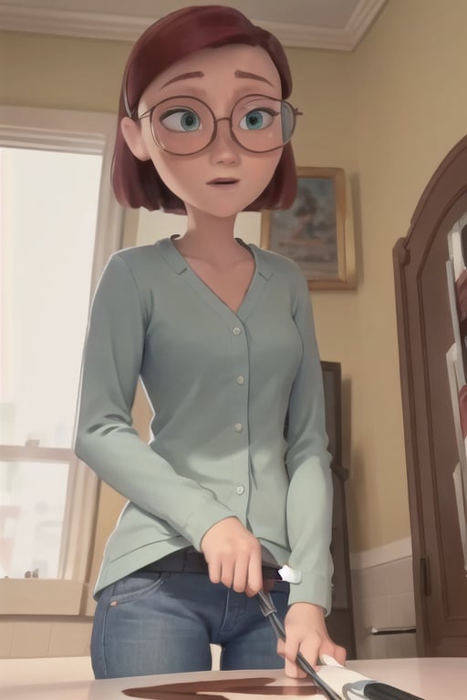 (8k, RAW photo, best quality, masterpiece:1.2), (intricate details), perfect eyes, perfect face, perfect lighting, beautiful, (masterpiece:1.2), (best quality:1.2), 1girl, disney style, pixar style, lindagunderson, solo, green eyes, short hair, glasses, <lora:lindagunderson-06:0.75>