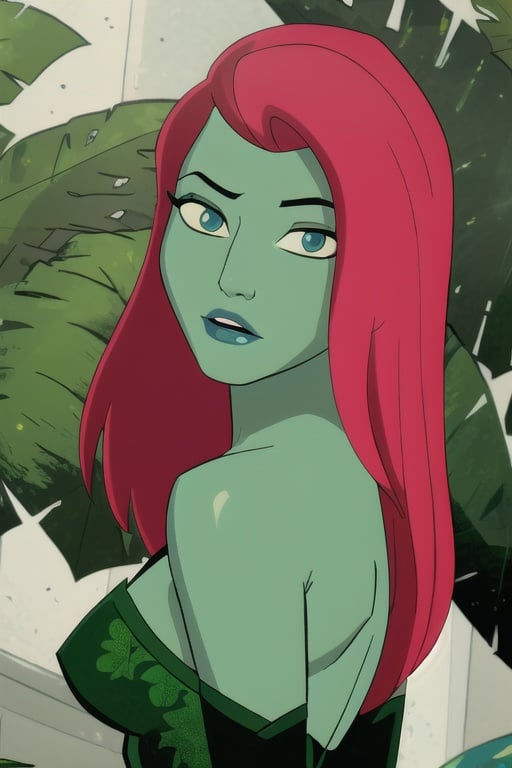 (8k, RAW photo, best quality, masterpiece:1.2), (intricate details), (best quality), (highres), ((perfect eyes)), perfect face, perfect lighting, vivid colors, intense colors, 1girl, cartoon style, poisonivy, <lora:poisonivy:0.85>, solo