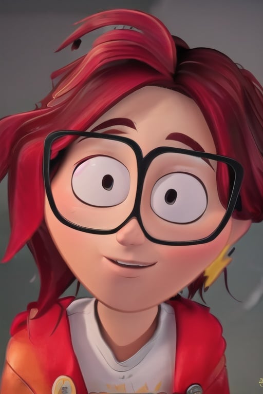 (8k, RAW photo, best quality, masterpiece:1.2), (intricate details), (best quality), (highres), ((perfect eyes)), perfect face, perfect lighting, vivid colors, intense colors, 1girl, cartoon style, katiemitchell, glasses, redhead, <lora:katiemitchell:0.85>