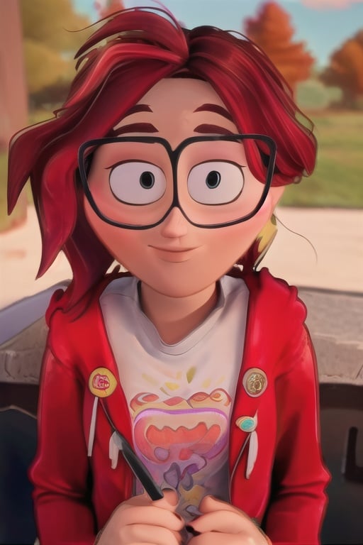 (8k, RAW photo, best quality, masterpiece:1.2), (intricate details), (best quality), (highres), ((perfect eyes)), perfect face, perfect lighting, vivid colors, intense colors, 1girl, cartoon style, katiemitchell, glasses, redhead, <lora:katiemitchell:0.85>