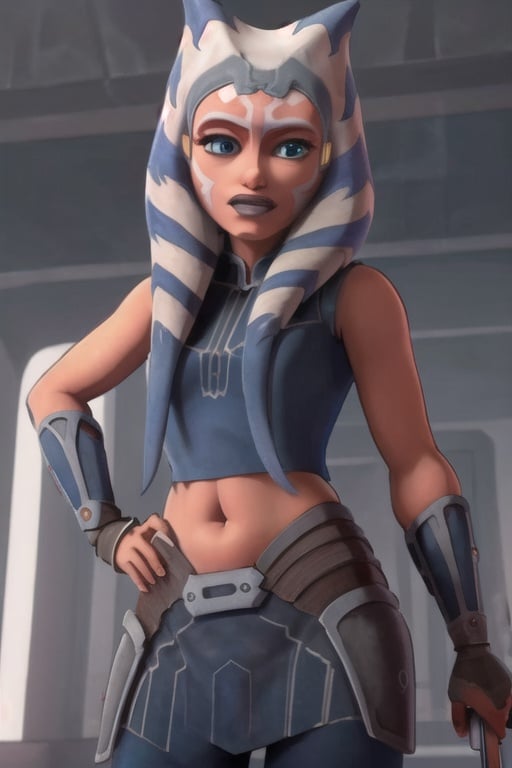 ahsokatano, (8k, RAW photo, best quality, masterpiece:1.2), (intricate details), perfect eyes, perfect face, perfect lighting, beautiful, (masterpiece:1.2), (best quality:1.2), 1woman, mature, clone wars style, solo, look at viewer, oreange skin, makeup, <lora:ahsokatano-10:0.85>, upperbody, navel
