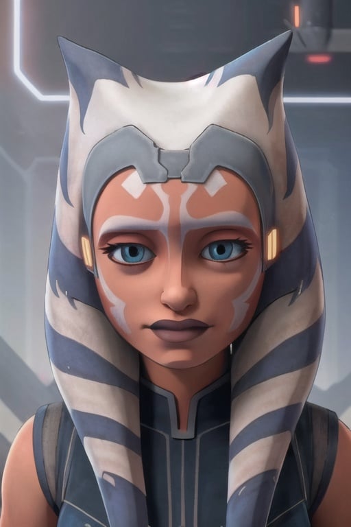 ahsokatano, (8k, RAW photo, best quality, masterpiece:1.2), (intricate details), perfect eyes, perfect face, perfect lighting, beautiful, (masterpiece:1.2), (best quality:1.2), 1woman, mature, clone wars style, solo, look at viewer, oreange skin, makeup, <lora:ahsokatano-10:0.85>, upperbody