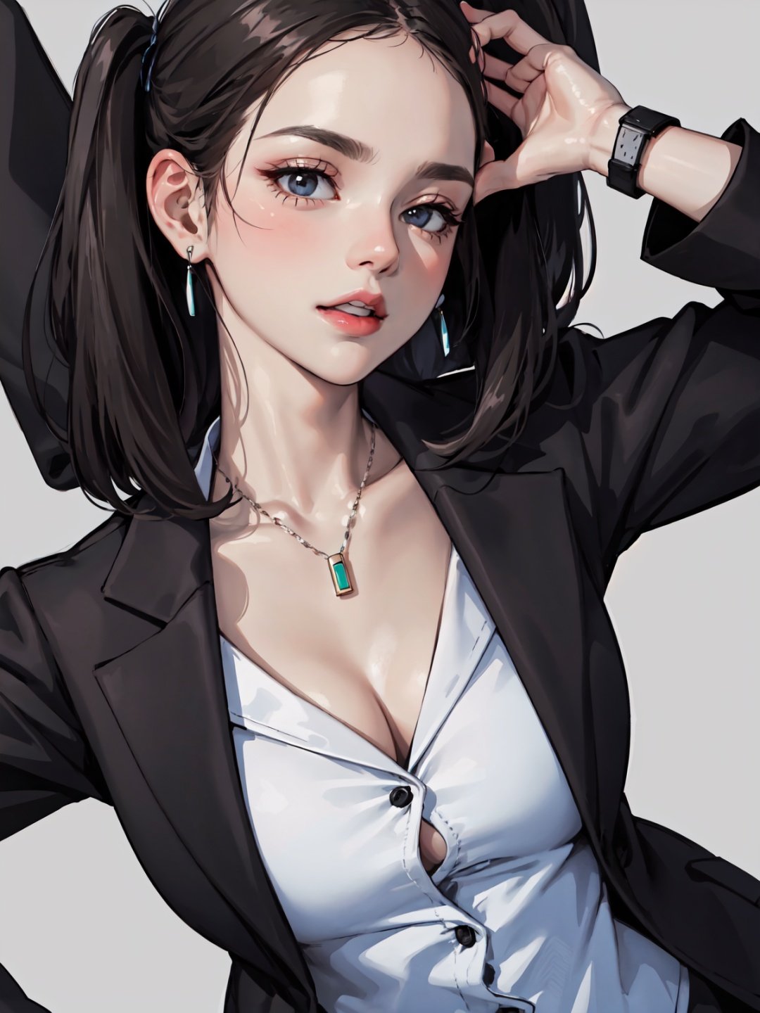 (masterpiece:1.2, best quality), 1milf, solo, (upper body), latexskin, close-up, open chested, curvy
bobbed hair,
black blazer with white shirt,
Sleek and polished with a bold lip color
Timeless watch and minimalistic jewelry
Sleek, straight hair
in office