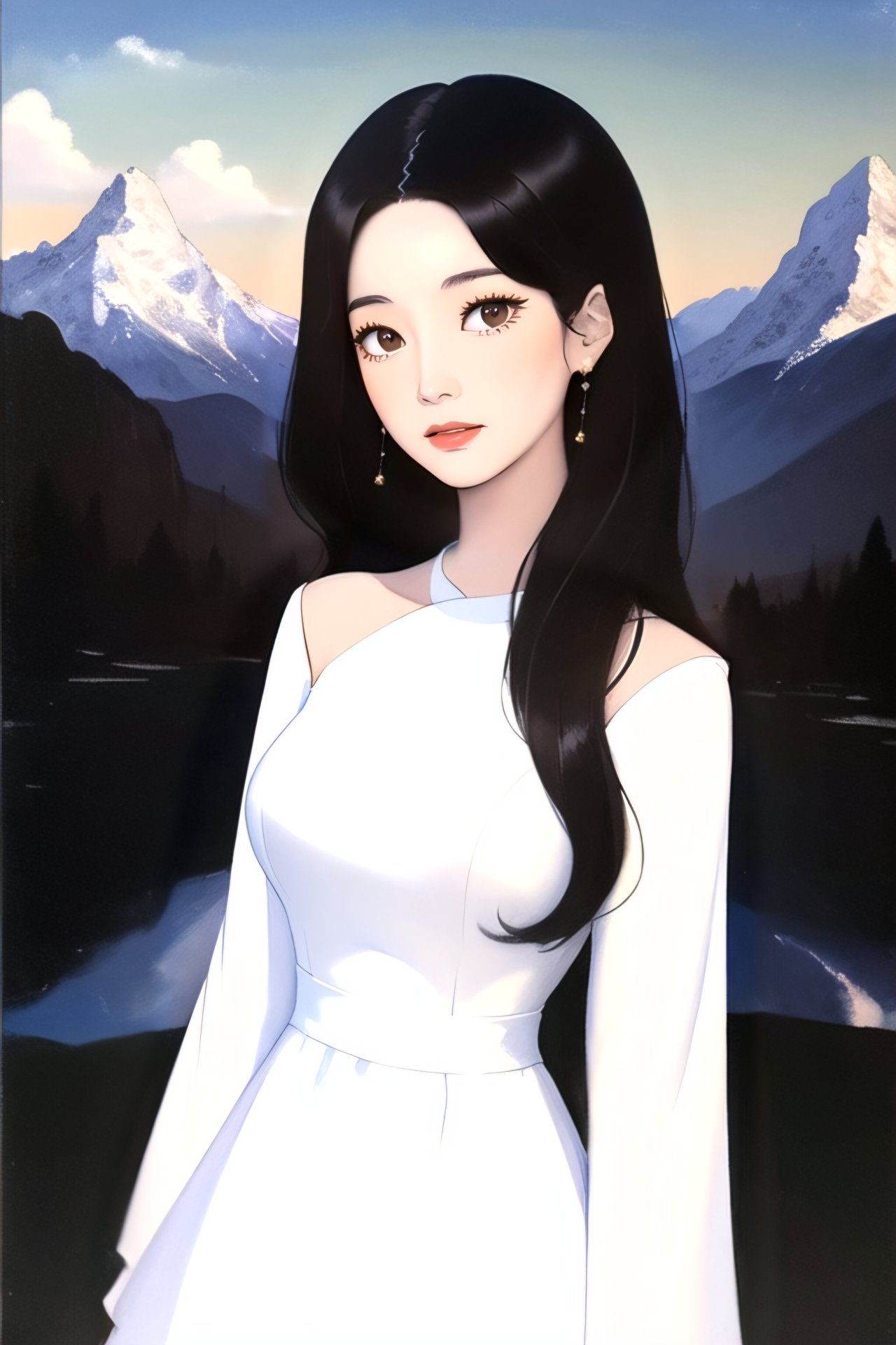 (looking at viewer:1.2), centered, a painting of a korean woman with medium wavy (black hair, with dark brown eyes), and a (white dress:1.2), with mountains in the background and a sky, Fra Bartolomeo, academic art, a painting, renaissance oil painting, |  <lora:so-hyun-lvl2-v2:0.8>