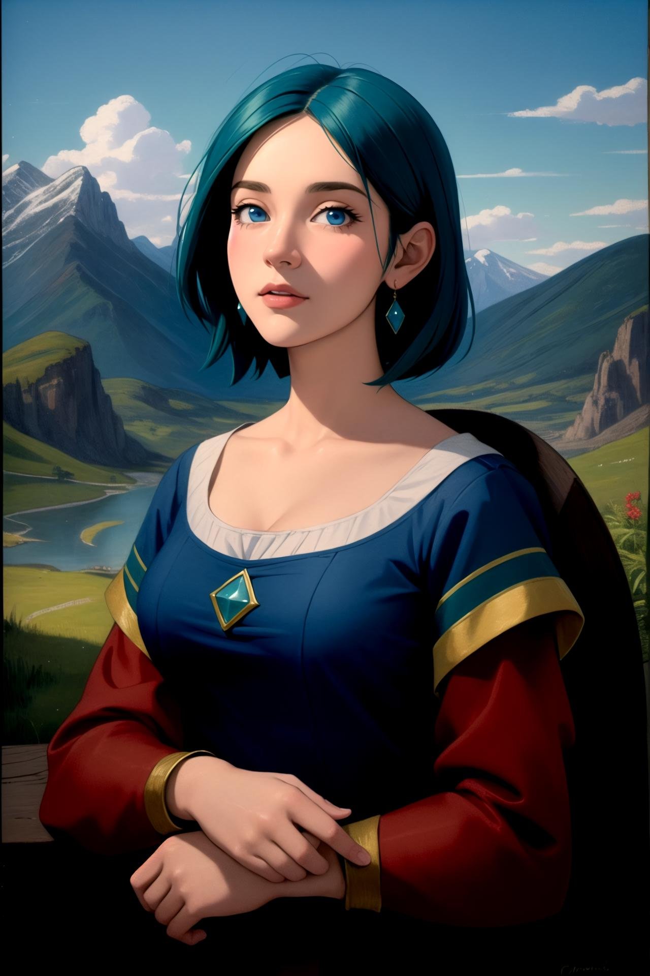 (looking at viewer:1.2), centered, a painting of a woman with short (aqua hair, with light blue eyes), and a red shirt on, with mountains in the background and a sky, Fra Bartolomeo, academic art, a painting, renaissance oil painting,