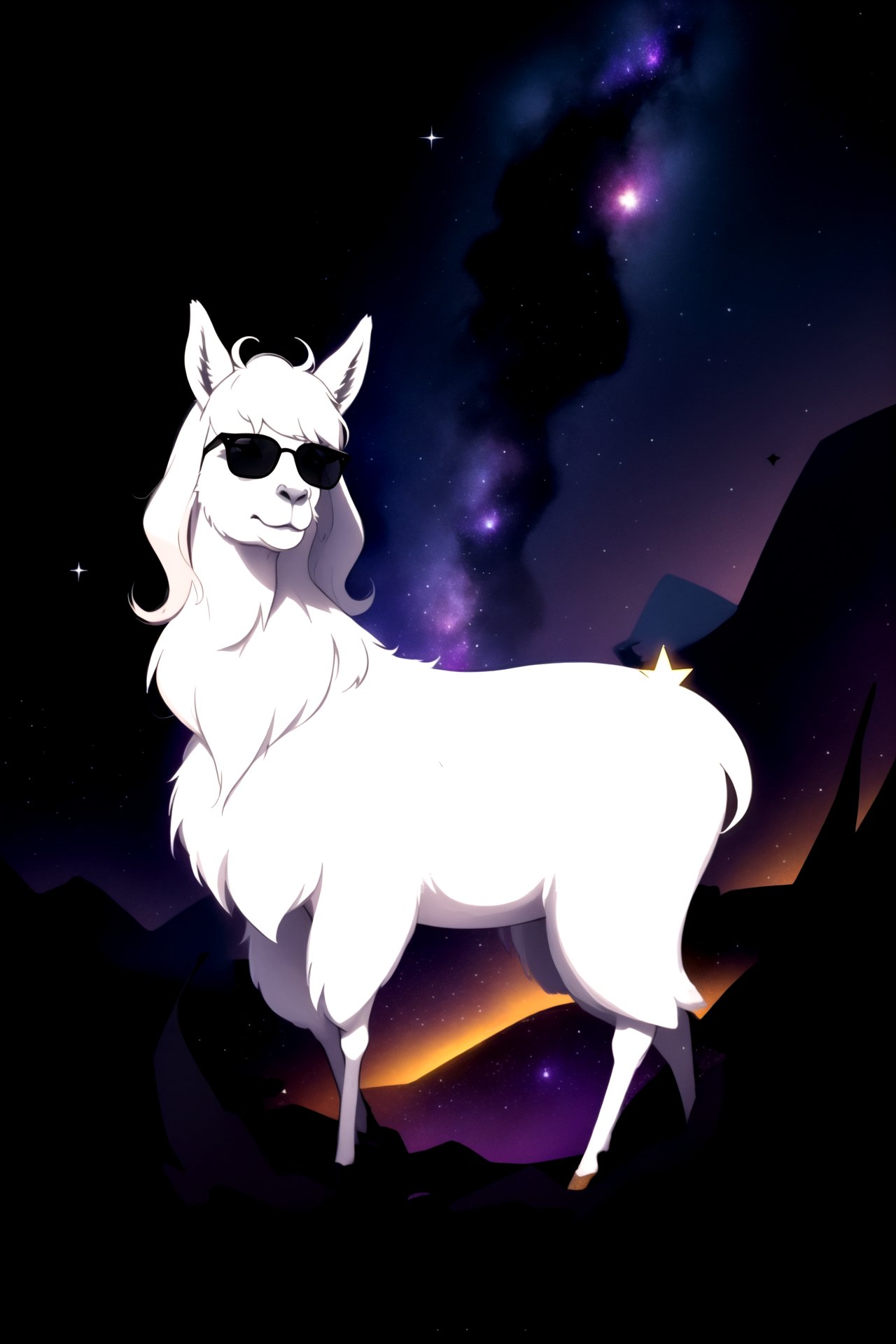 centered, digital art, | a llama dark black sunglasses on with, flying in the middle of the galaxy with stars and a star cluster, constellation, no text, no symbols, nebulosa, | smooth detailed, hyperealistic shadows,