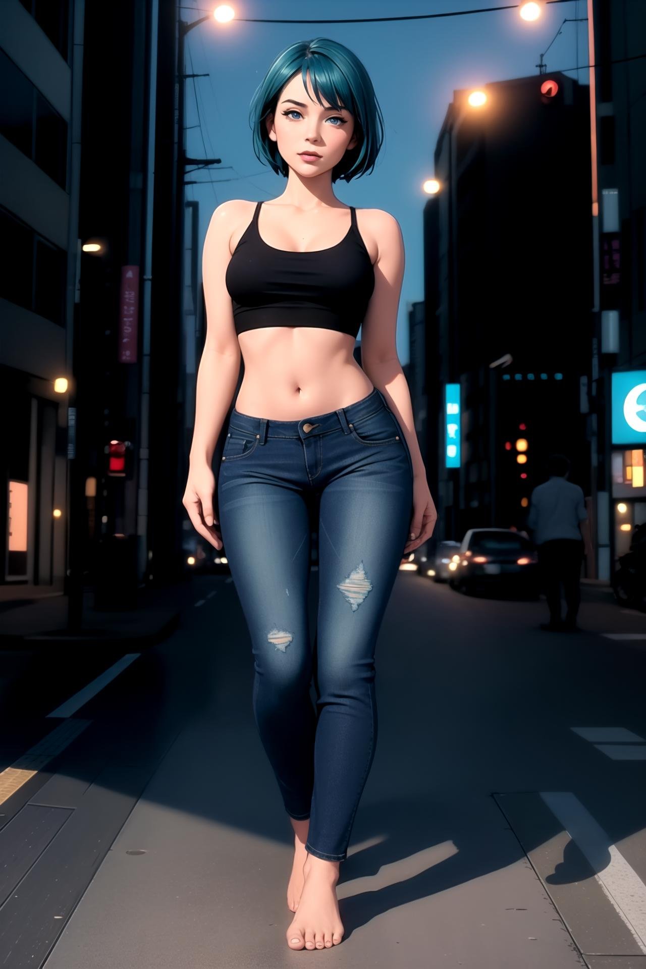 centered, award winning full body shot portrait, full body, (hyperealistic), (beautiful detailed eyes), (gorgeous woman face), | solo, 1girl, short hair, aqua hair color, dark blue eyes color, | (black crop top, lowleg denim jeans, barefoot, (small breasts:1.2), | sunset, city, tokyo, buildings, city lights, | depth of field, bokeh, | smooth detailed shadows, hyperealistic shadows, (saturated colors:1.2) |