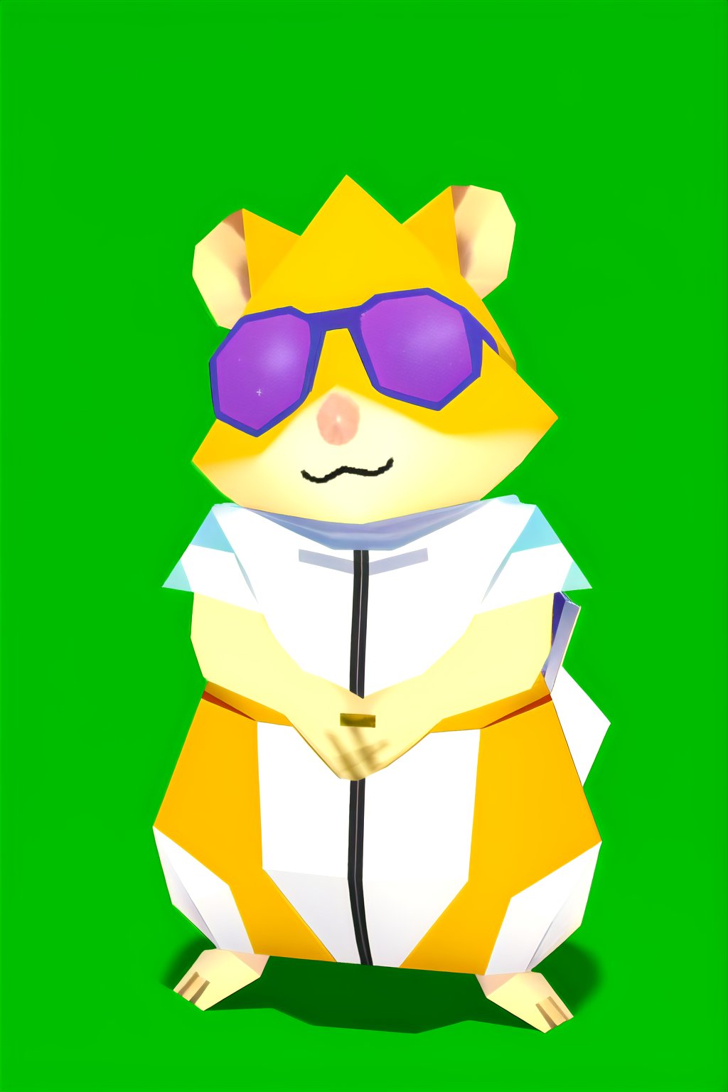  3d, (n64style:1.3), ocarinaoftime, screenshot of a nintendo 64 game, n64, a standing hamster wearing galaxy sunglasses on a green background, | polygonal graphics, game cg, | faded,n64style