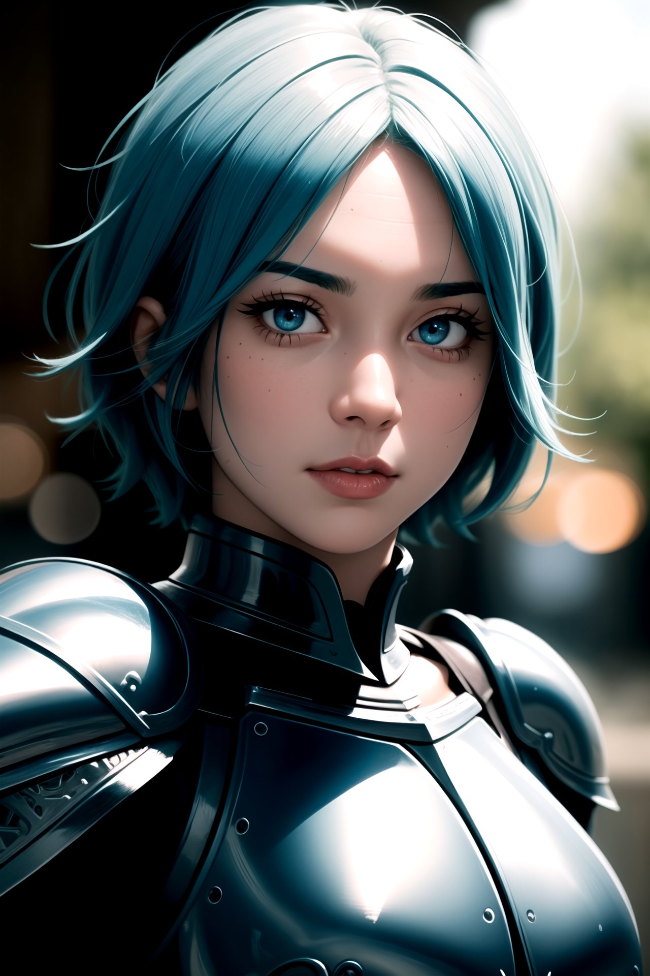 centered, upper body, award winning upper body portrait, (detailed face), (beautiful detailed eyes:1.2), | solo, knight woman, short hair, aqua hair color, light blue eyes, (black knight tight armor), symetrical and detailed armor, | fantasy town, medieval, european street, | bokeh, depht of field, | hyperealistic shadows, smooth detailed, blurred background,, <lora::0.5>