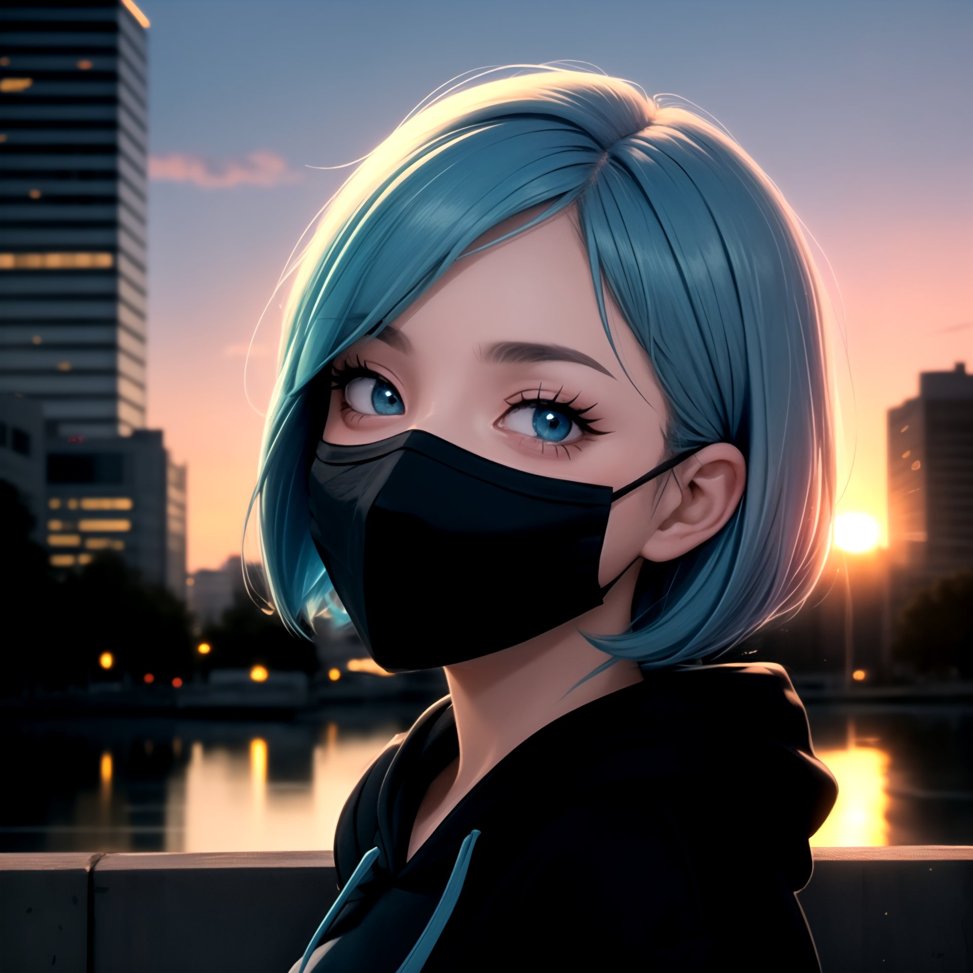centered, masterpiece, face portrait, | 1girl, solo, aqua hair color, short hairstyle, light blue eyes, | (black mouth mask:1.2), dark blue hoodie, | city lights, sunset, buildings, urban scenery, | bokeh, depth of field, 