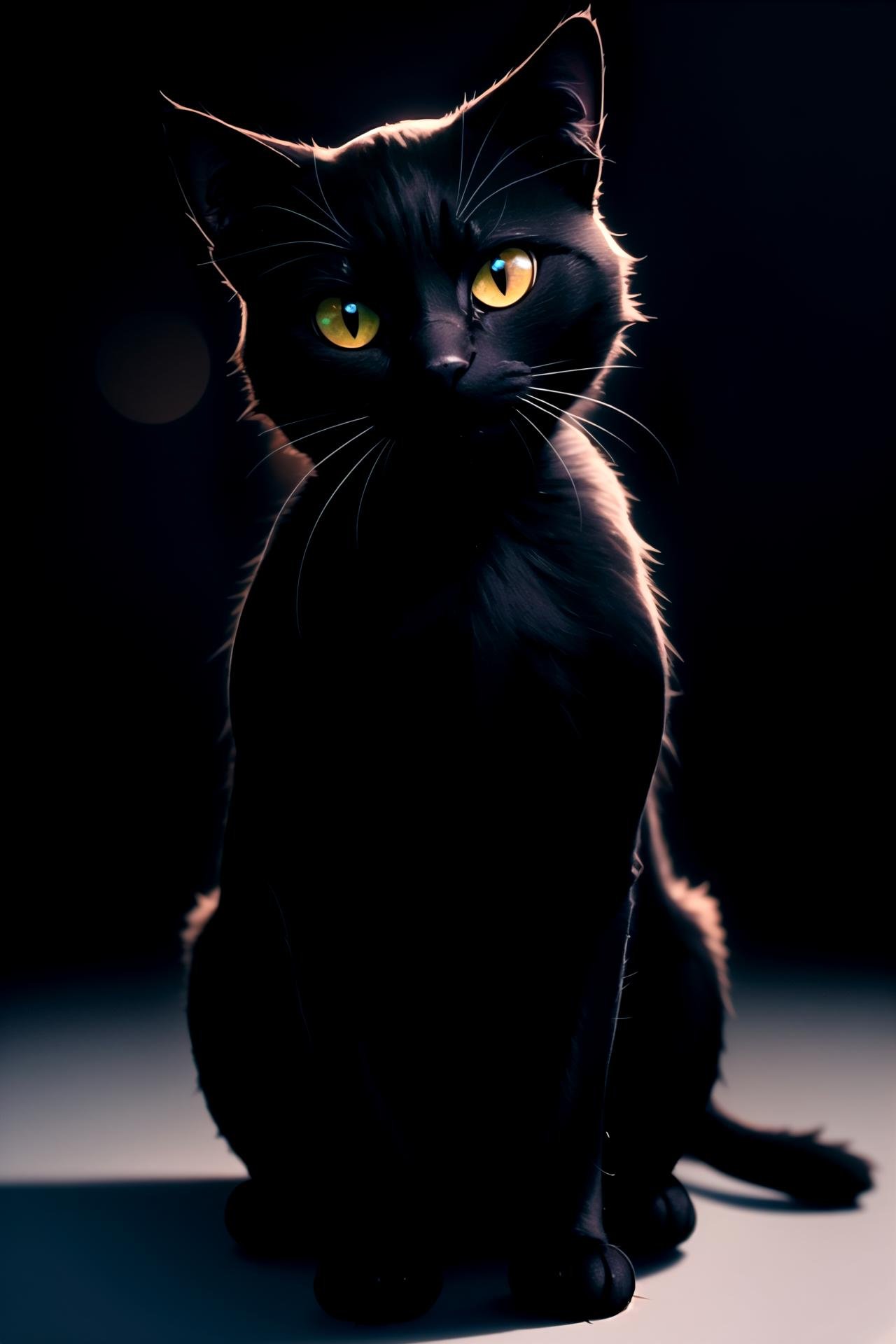 centered, black cat sitting, black background, simple background, | depth of field, bokeh, | smooth detailed shadows, hyperealistic shadows, (saturated colors:1.2) |