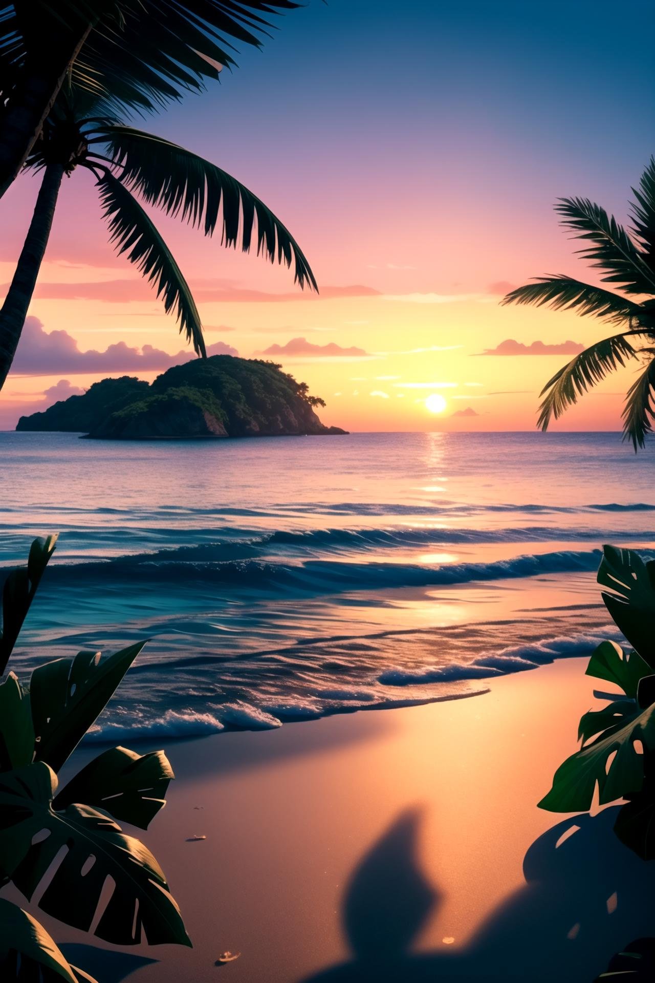 island, tropical island scenery, sunset, | depth of field, bokeh, | smooth detailed shadows, hyperealistic shadows, (saturated colors:1.2) |