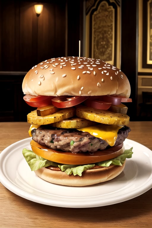 burger, plate, beautiful, two tone lighting (intricate details:1.12), hdr, (intricate details, hyperdetailed:1.15)