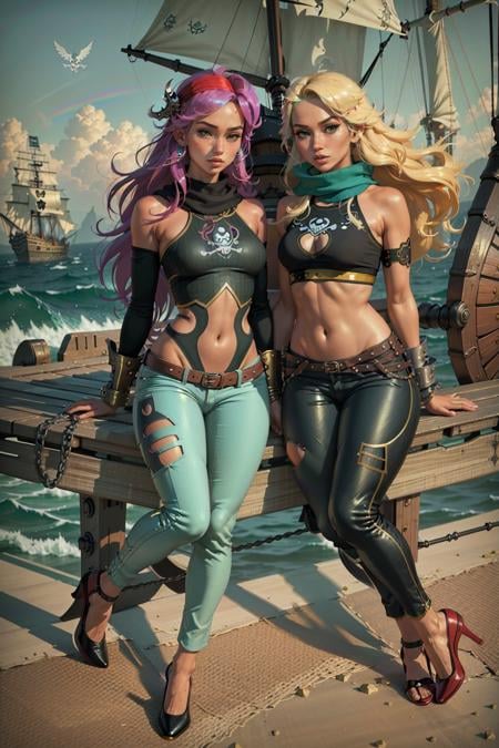 epic bombshell hair:2, (masterpiece, best_quality, ultra-detailed, immaculate:1.3), epic, illustration, welcoming, 2girls, (all-knowing hero:1.3), (on a  pirate ship:1.3), scenery, full body, neon aqua hair with rainbow highlights, very long hair, green eyes, pose, [:skimpy costume design:0.2], lying on bed,shawl,scarf, narrow waist, athletic toned hourglass figure,, ((pants, side cutout:1.3):1.2), chinese::3 <lora:EnvyCuteMix04:1>