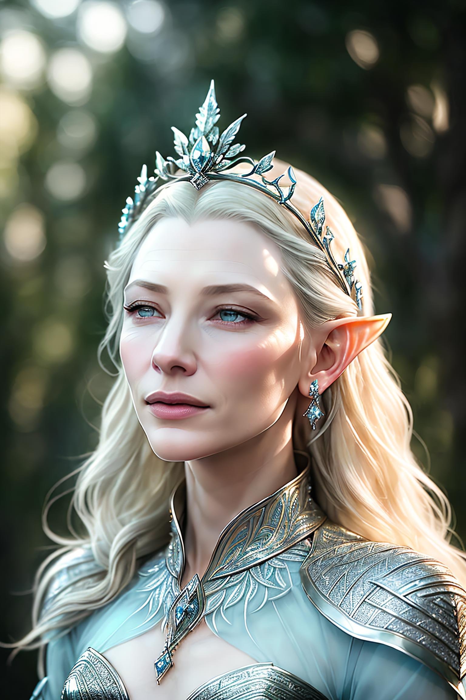 (young Cate Blanchett:1.2) as Galadriel from LOTR in forest, (pointed elf ears), ((light blue eyes)), translucent dress, backlit, (ethereal elven architecture background), atmosphere, dust motes, cinematic, dark shot, muted colors, film grainy, insane details, intricate details, (sunset), ((lord of the rings)), (dynamic pose), mystical , (elegant), beautiful face, (luxury elegant silver leaf tiara), (((serene expression))), (detailed skin texture), intricately detailed, fine details, hyperdetailed, raytracing, rendered, (good proportions), (good anatomy), (subsurface scattering), (diffused soft lighting), (shallow depth of field), (Art by Oliver Wetter)
