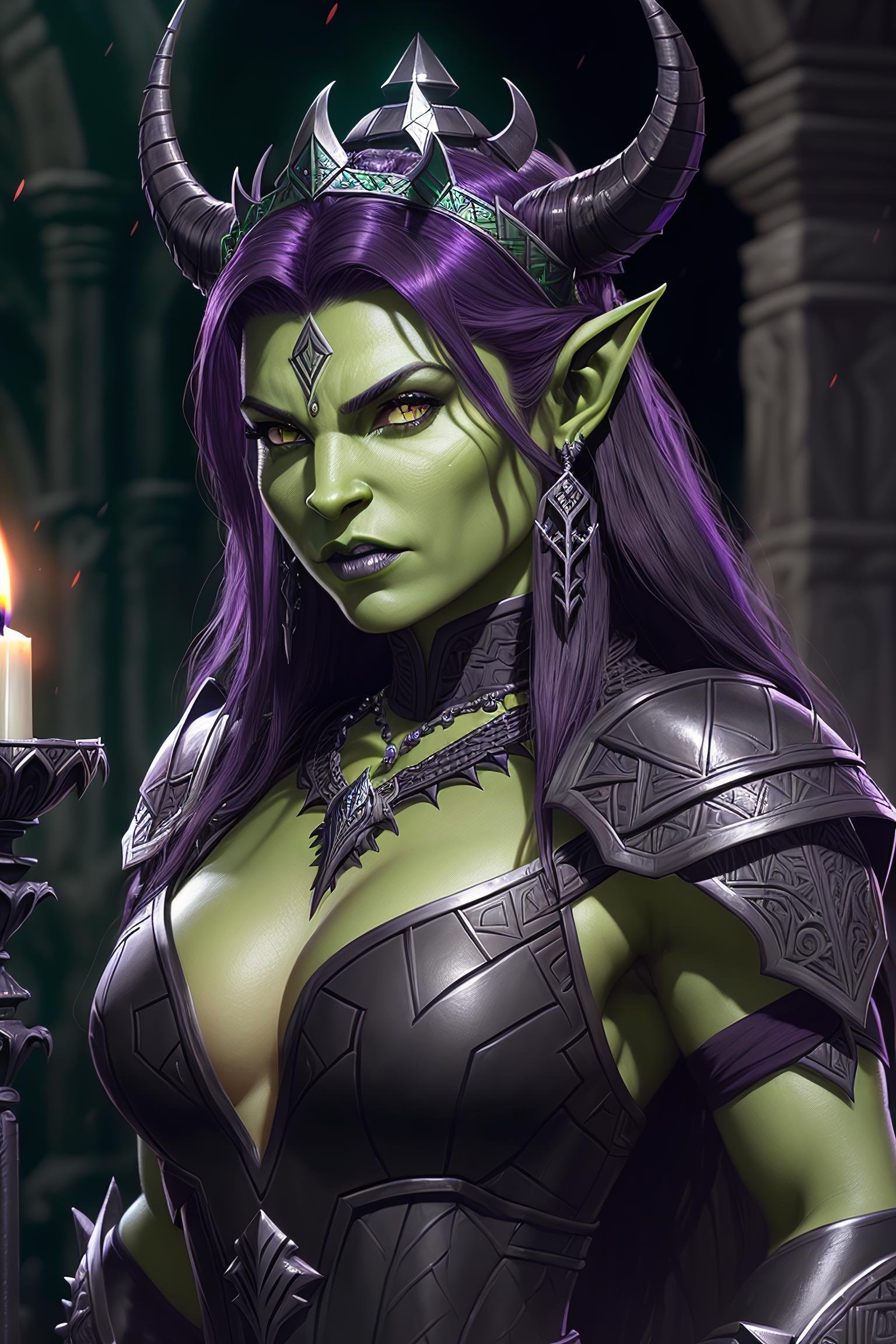 ((green skinned:1.3)), (((3/4 view))), ((beautiful)), ((half orc:1.1)), (((small tusks))), analog style, realistic, ((intricate details)), full torso shot, cold lighting, beautiful, (pale gothic evil princess), ((purple black hair)), (intricate), ((engraved skeletal onyx metal dress armor)), (cleavage), (broad shoulders), ((visible fangs)), (oiled skin), ((skull shaped pauldrons)), (intricate sharp tribal horned crown), (tribal necklace), tribal jewelry, muscular, dynamic pose, windblown hair, perfect face, (red orc eyes), (realistic eyes), round iris, perfect eyes, intricate, complex, Helios 44-2, ((dark gothic background)), (candle lit), swirly bokeh, trending on artstation, sharp focus, studio photo, intricate details, highly detailed, sharp, dnd character portrait, ((oil on canvas)), perfect lighting, Masterpiece, detailed background, portrait by artgerm and greg rutkowski, cinematic lighting, 8k