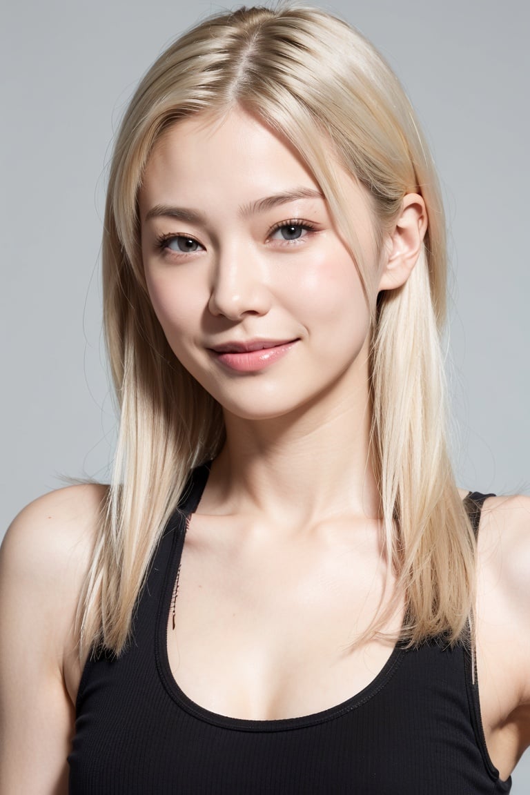 russian woman, long hair, blonde, light smile, close-up, (black tank top), (pastel grey background), oily skin