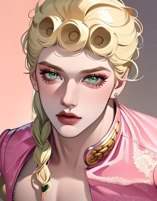 beautiful face, full body, waist, braid, blonde hair, pink outfit, clevage, clothing cutout, stud earrings, giornojojo, 1boy, male, eyelashes, green eyes, realistic, masterpiece, best quality, ultra-detailed detailed, detailed digital artwork, hi res, coliseum,   <lora:ANYgiornojojo:0.87> <lora:weiboZH:0.98> 