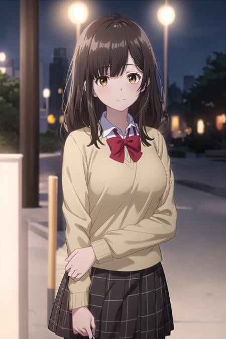 best quality, (masterpiece:1.2), highly detailed, outdoors, park, city, night,1girl, solo, <lora:chara_HigeHiro_OgiwaraSayu_v1:0.8>, ogiwara sayu,looking at the viewer, medium breasts, slight smile, closed mouth, (standing:1.2),brown eyes, brown hair, long hair, school outfit