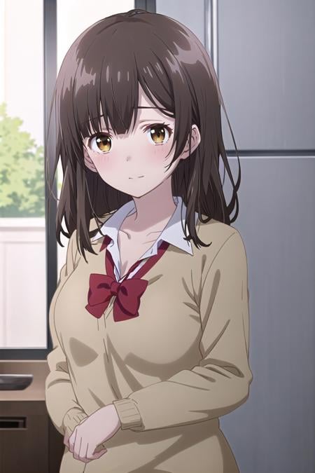 best quality, (masterpiece:1.2), highly detailed, indoors, kitchen, 1girl, solo, <lora:chara_HigeHiro_OgiwaraSayu_v1:0.8>, ogiwara sayu,looking at the viewer, medium breasts,  slight smile, closed mouth, blush, standing,brown eyes, brown hair, long hair,  school uniform, red bow, white shirt, school uniform, collarbone
