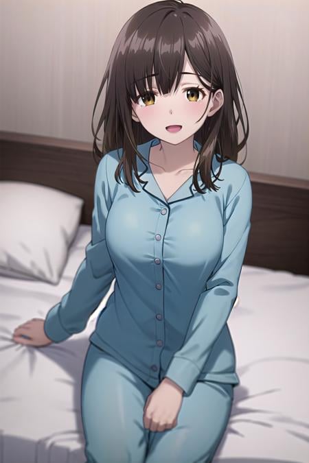 best quality, (masterpiece:1.2), highly detailed, indoors, bed, table,1girl, solo, <lora:chara_HigeHiro_OgiwaraSayu_v1:0.8>, ogiwara sayu,looking at the viewer, medium breasts, slight smile, open mouth,eyes, brown hair, long hair, pajamas, long sleeves,  blue pants, sitting