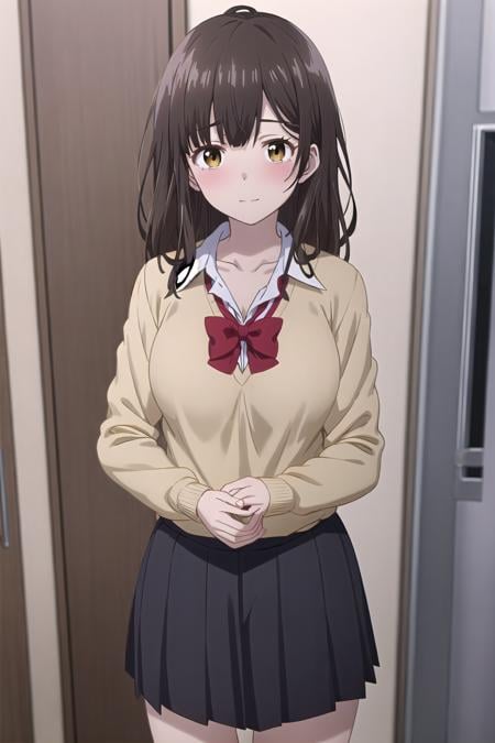 best quality, (masterpiece:1.2), highly detailed, indoors, kitchen, 1girl, solo, <lora:chara_HigeHiro_OgiwaraSayu_v1:0.8>, ogiwara sayu,looking at the viewer, medium breasts,  slight smile, closed mouth, blush, standing,brown eyes, brown hair, long hair,  school uniform, red bow, white shirt, school uniform, collarbone