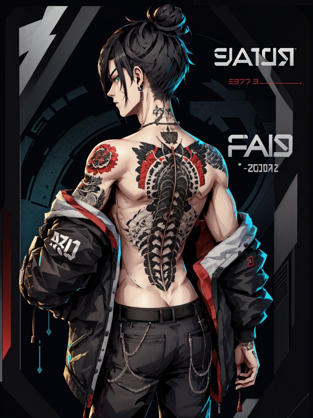Defaults17Style, 1boy, male focus, tattoo, green eyes, solo, black hair, back tattoo, red background, from behind, pants, hair bun, black pants, looking at viewer, jacket, topless male, character name, single hair bun, short hair, back, cigarette