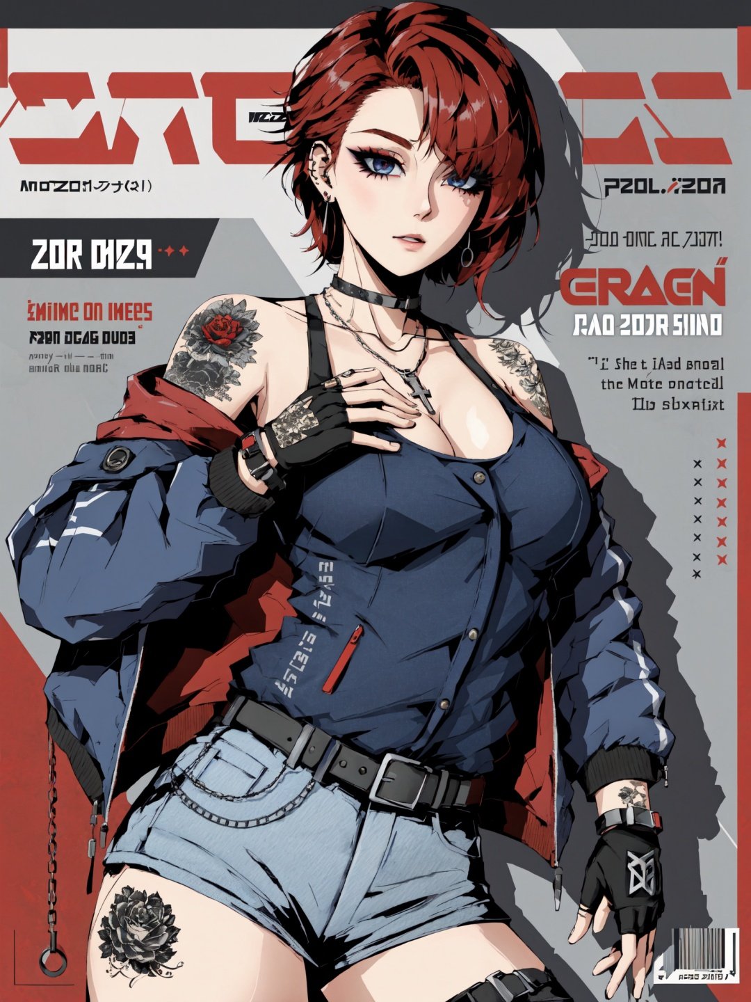 Defaults17Style, 1girl, jewelry, solo BREAK (magazine cover, english text:1.3), tattoo, short hair, necklace, jacket, belt, fingerless gloves, red background, gloves, red eyes, breasts, shorts, red hair, chain, spikes, thighhighs, cleavage, black tank top, earrings, tank top, choker, black gloves, open clothes, character name, arm tattoo BREAK hair over one eye, makeup, blue jacket, denim, bare shoulders, off shoulder, chain necklace, open jacket, thigh strap, looking at viewer, collarbone, piercing, black belt, medium breasts, neck tattoo, belt buckle, spiked collar, feet out of frame, cross, eyeshadow