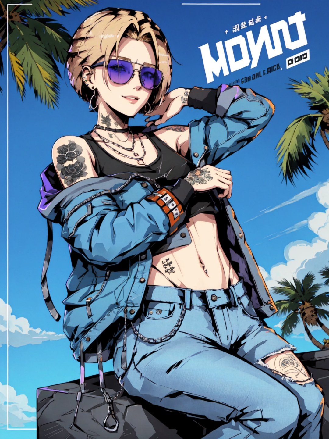 Defaults17Style, 1girl, solo, android 18, blonde hair, jewelry, blue eyes, pants, denim jacket, jacket, character name, denim, short hair, earrings, necklace, tattoo, sitting, boots, sunglasses, looking at viewer, tinted eyewear, blue jacket, midriff, off shoulder, black footwear, jeans, arm tattoo, smile, copyright name, tree, palm tree, crop top, long sleeves, fingernails, chain necklace