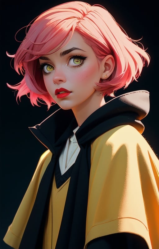1girl, short pink hair,(hufflepuff House Cloak),( inner cloak yellow:1), (outer cloack black:1),yellow eyes, looking at viewer, solo, upper body,(masterpiece:1.4),(best quality:1.4),red lips,parted lips, hogwarts castle:1,dramatic shadows,extremely_beautiful_detailed_anime_face_and_eyes,an extremely delicate and beautiful,dynamic angle, cinematic camera, dynamic pose,depth of field,chromatic aberration,backlighting,Watercolor, Ink, epic, candystyle,