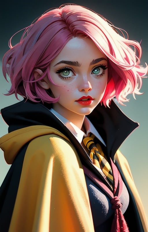 1girl, short pink hair,(hufflepuff House Cloak),( inner cloak yellow:1), (outer cloack black:1),yellow eyes, looking at viewer, solo, upper body,(masterpiece:1.4),(best quality:1.4),red lips,parted lips, hogwarts castle:1,dramatic shadows,extremely_beautiful_detailed_anime_face_and_eyes,an extremely delicate and beautiful,dynamic angle, cinematic camera, dynamic pose,depth of field,chromatic aberration,backlighting,Watercolor, Ink, epic, candystyle,