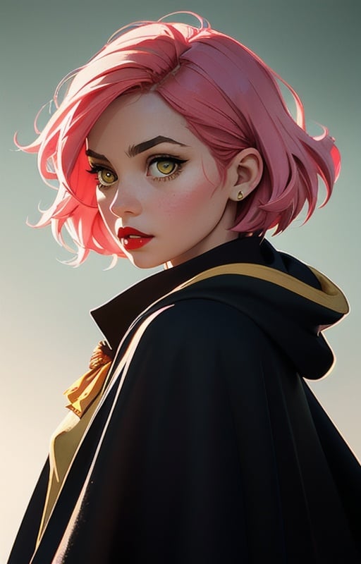 1girl, short pink hair,(hufflepuff House Cloak),( inner cloak yellow:1), (outer cloack black:1),yellow eyes, looking at viewer, solo, upper body,(masterpiece:1.4),(best quality:1.4),red lips,parted lips, hogwarts castle:1,dramatic shadows,extremely_beautiful_detailed_anime_face_and_eyes,an extremely delicate and beautiful,dynamic angle, cinematic camera, dynamic pose,depth of field,chromatic aberration,backlighting,Watercolor, Ink, epic, candystyle,