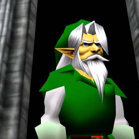 3d, n64, (n64style:1.3), ocarinaoftime, human, male, 1boy, old link, (white hair:1.3), faded green tunic, pale green hat, old man, grey hair, long hair, (long beard:1.2), fierce expression, close-up, dramatic lighting, temple of time, gruff, grizzled, torn clothes, dramatic, looking at viewer, magic, glow, blue eyes <lora:epoch-000057:1>