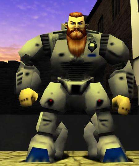 <lora:epoch-000057:1> 3d, (n64style:1.3), ocarinaoftime, screenshot of a nintendo 64 game, n64, 1boy, male, human, portrait of muscular bearded man in a worn mech suit, elegant, sharp focus, soft lighting, vibrant colors, masterpiece, streets