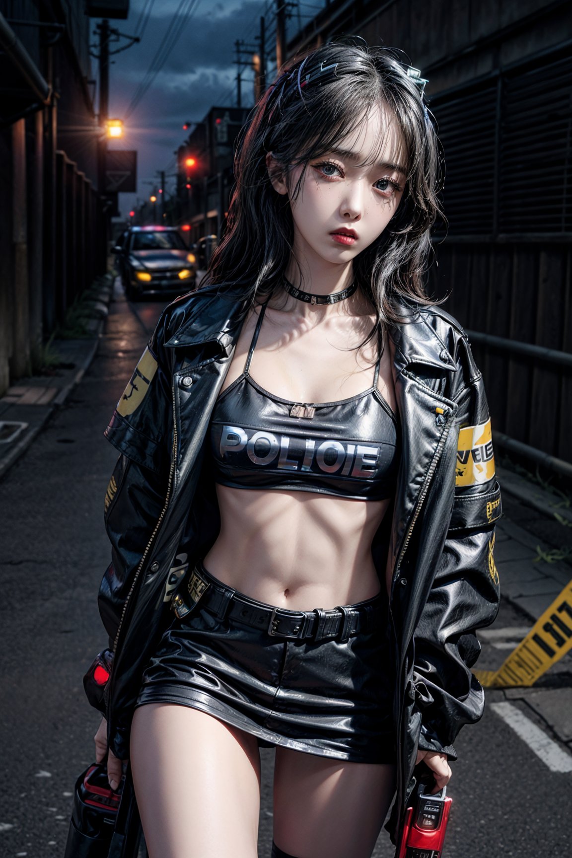 masterpiece, best quality, highly detailed, cowboy shot, portrait, text that says "do not cross" 1girl, police woman, large breasts, petite, black jacket, (beltbra:1.2),, (caution tape:1.3), deep skin, skindentation, BREAK city, alleyway, red_and_blue_lights, (police_car:1.2), siren, crime_scene, night, dark theme, 
