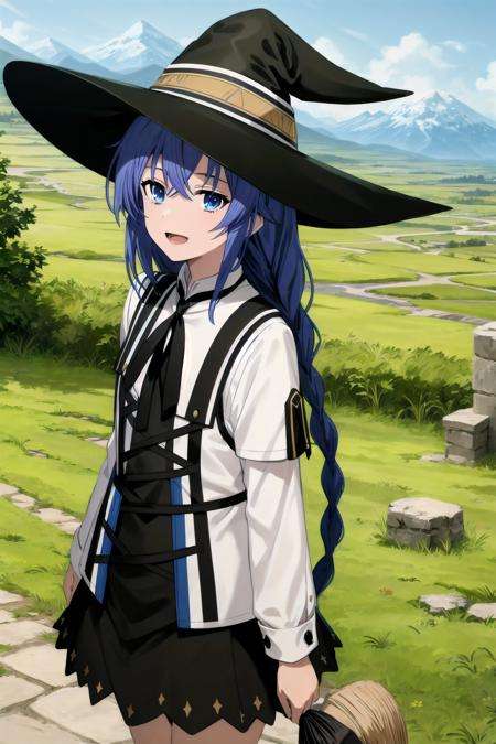 best quality, (masterpiece:1.2), detailed,<lora:chara_MushokuTensei_RoxyMigurdia_v1:0.8>,1girl, solo, open mouth, light smile,twin braids, long hair, blue hair, blue eyes,white dress, neck ribbon, black ribbon, black skirt, witch hat, black hat,standing, looking at the viewer,outdoors, grass, tree, mountain