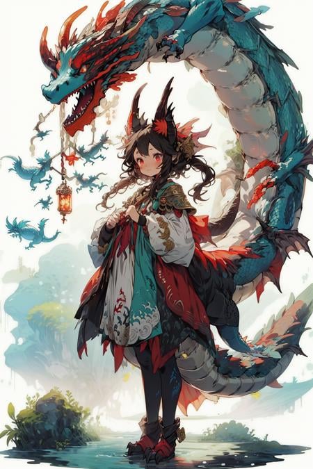 best quality,masterpiece,illustration,1girl,solo,full body,Blank background,(Fantasy world style:1.1),(Animal ear:1.1),tail,(Cute style:1.1),(dragon:1.3),horn