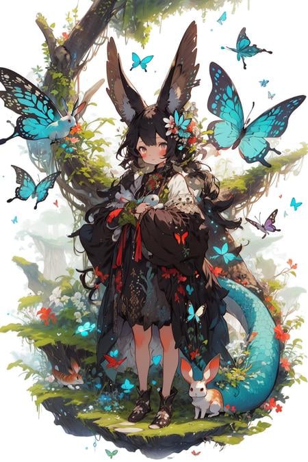 best quality,masterpiece,illustration,1girl,solo,full body,Blank background,(Fantasy world style:1.1),(Animal ear:1.1),tail,(Cute style:1.1),fish,dragon,The bird,The cat,Rabbit,Mouse,Butterfly,Fox,downy,
