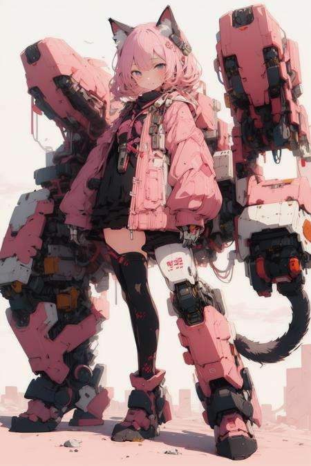 best quality,masterpiece,illustration,1girl,solo,full body,cat ear,Mecha,Blank background,Minor machinery,Mechanical leg,Pink hair,Pink tone,