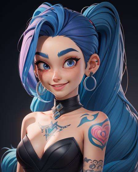 (masterpiece:1.5), (best quality:1.5), highres, highly detailed,3dmm,1girl, solo, jinx (league of legends), braid, long hair, tattoo, blue hair, bangs, asymmetrical bangs, smile, vi (league of legends), jewelry, small breasts, black background, upper body, shoulder tattoo, twin braids, artist name, blue eyes, piercing, pink hair, earrings, closed mouth, breasts, arm tattoo, web address