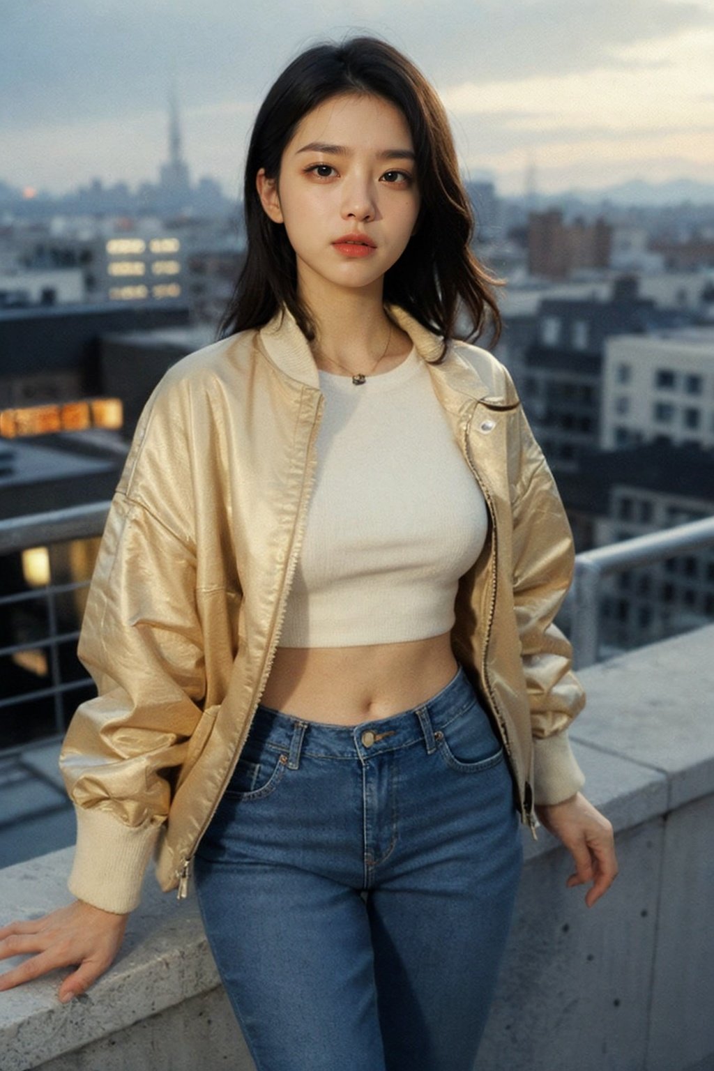 1girl, stylish outfit, fitted jeans, oversized jacket, fashionable accessories, (realistic detailed eyes, natural skin texture, confident expression), cityscape backdrop, rooftop or high-rise balcony, dynamic composition, engaging pose, soft yet striking lighting, shallow depth of field, bokeh from city lights, sharp details, highly detailed, hyper-realistic, 50mm lens, naturally blurred background.