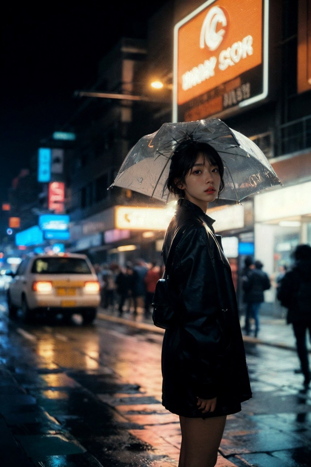 analog style| photograph of woman standing alone in the rain silhouetted by neon lights | Cyberpunk | Night City | Canon EF 50mm f/1.8 STM Lens | 2077 | realistic | hyperrealistic | raytracing | depth of field | full of color | cinematic | highly detailed | rim lighting