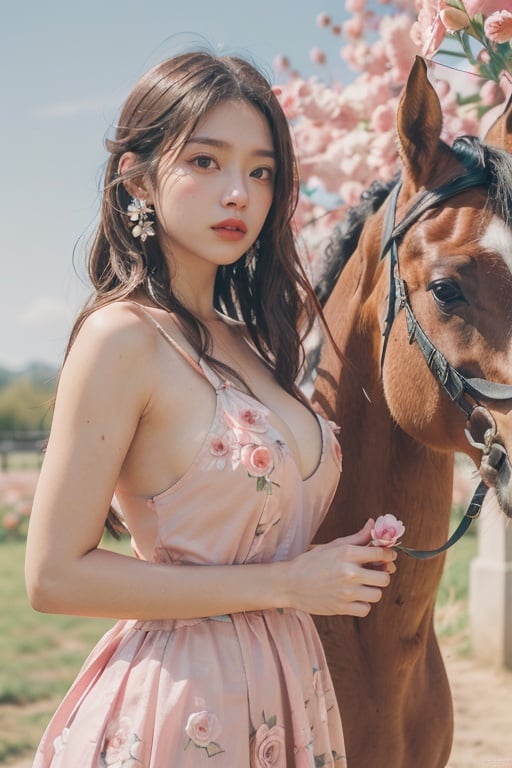 1girl, flower, horse, headdress made of flowers,dress, full of flower,brown hair, realistic, solo, rose, earrings, jewelry, long hair, pink rose, pink flower, hair flower, outdoors, blurry, looking at viewer, pink dress, day, sky, lips, breasts, blurry background, watermark