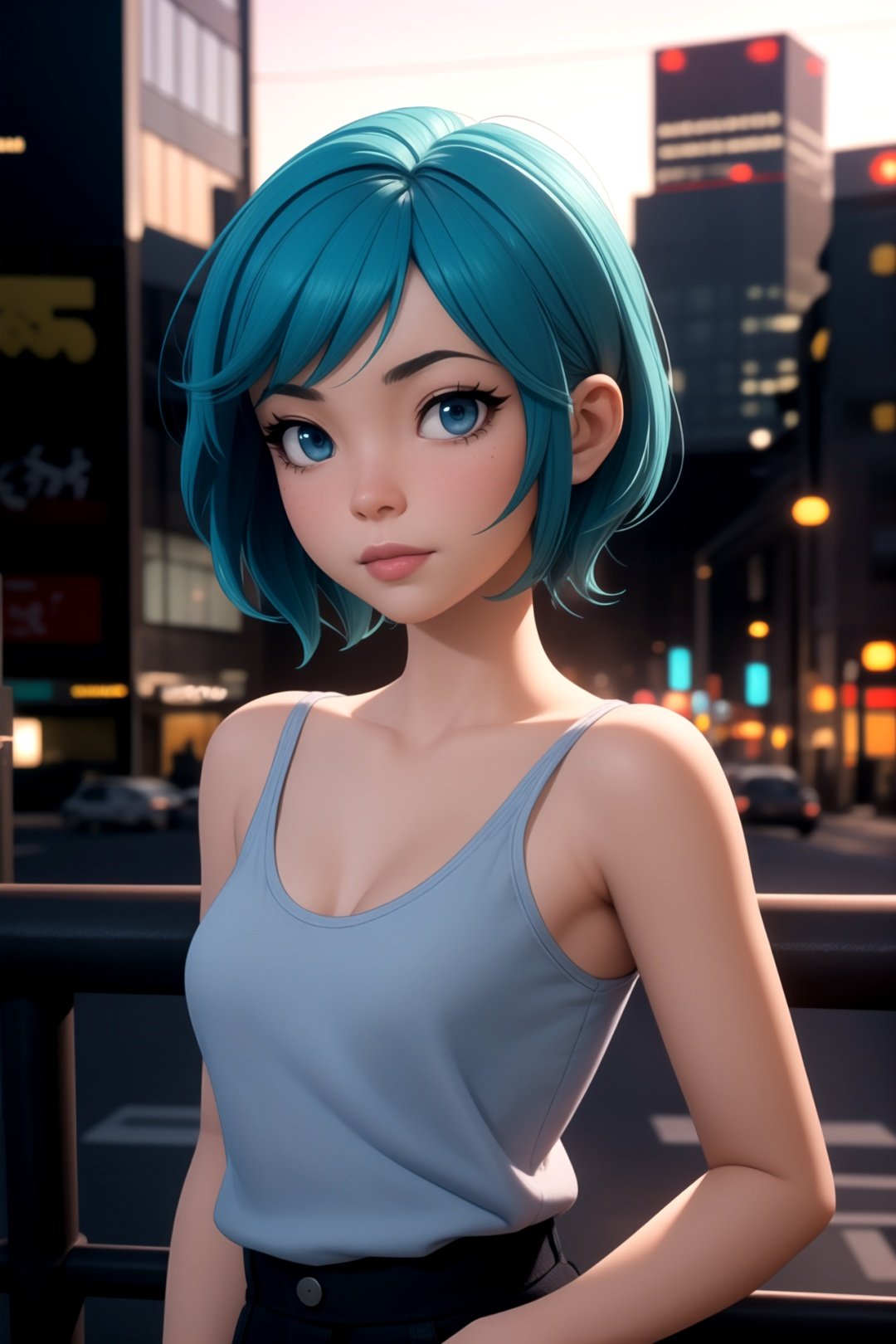 centered, award winning medium shot portrait, (game cg, 3d, unreal engine, pixar style), (beautiful detailed eyes), (gorgeous woman face), | solo, 1girl, short hair, aqua hair color, dark blue eyes color, | casual outfit, (small breasts:1.2), | sunset, city, tokyo, buildings, city lights, | depth of field, bokeh, | smooth detailed shadows, hyperealistic shadows, (saturated colors:1.2) |