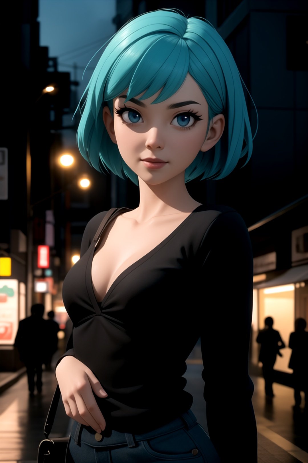 centered, award winning medium shot portrait, (game cg, 3d, unreal engine), (beautiful detailed eyes), (gorgeous woman face), | solo, 1girl, short hair, aqua hair color, dark blue eyes color, | casual outfit, (small breasts:1.2), | sunset, city, tokyo, buildings, city lights, | depth of field, bokeh, | smooth detailed shadows, hyperealistic shadows, (saturated colors:1.2) |