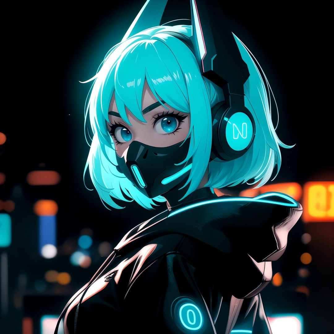 (frontal view, facing viewer:1.2), centered, masterpiece, face portrait, | 1girl, solo, aqua hair color, short hairstyle, light blue eyes, | (neon wireless headphones headset:1.2), (black neon futuristic mouth mask:1.2), dark blue hoodie, | futuristic city lights, sunset, buildings, urban scenery, neon lights | bokeh, depth of field,
