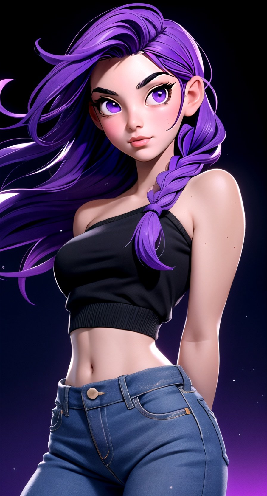 (hyperealistic detailed face:1.2), (looking at viewer:1.2), (frontal view), centered, upper body, award winning frontal photography, masterpiece, | (arms behind back), (beautiful detailed eyes:1.2), braided hairstyle, (purple hair color), (light purple eyes), (black tube top), midriff, navel, lowleg jeans, | sunset, bokeh, depth of field, | urban, street, City, | starry sky, vaporwave color scheme, (saturated colors:1.2), ,3DMM