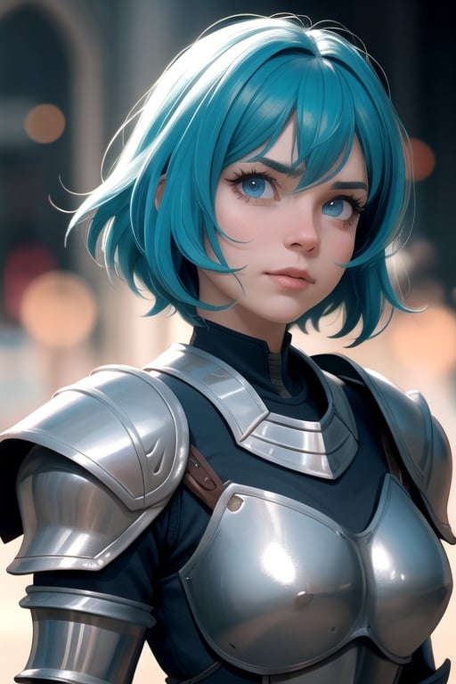 centered, upper body, award winning upper body portrait, (detailed face), (beautiful detailed eyes:1.2), | solo, knight woman, short hair, aqua hair color, light blue eyes, (black knight tight armor), symetrical and detailed armor, | fantasy town, medieval, european street, | bokeh, depht of field, | hyperealistic shadows, smooth detailed, blurred background,