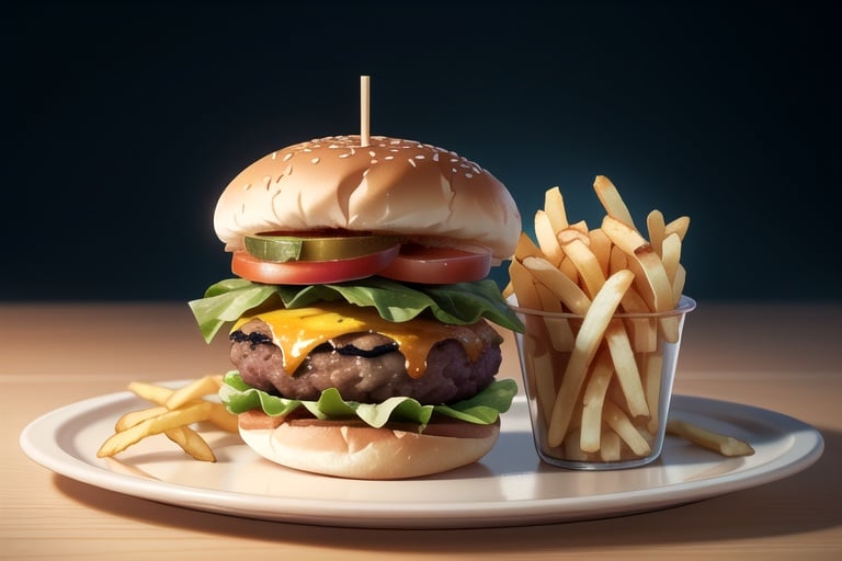 centered, two tiny burgers and a bunch of french fries, simple background, | depth of field, bokeh, | smooth detailed shadows, hyperealistic shadows, (saturated colors:1.2) | (game cg, unreal engine, pixar style),