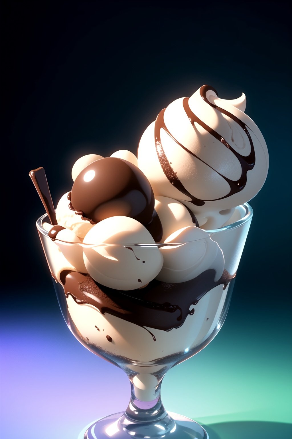 centered, a chocolate ice cream in a bowl made out of glass, simple background, | depth of field, bokeh, | smooth detailed shadows, hyperealistic shadows, (saturated colors:1.2) | (game cg, unreal engine, pixar style), (3d model), 